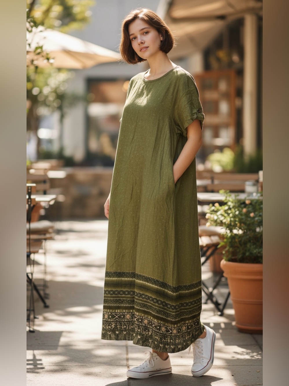 Vintage‎ California Crush Green Women's PM Petite Maxi Dress Rayon Cottagecore